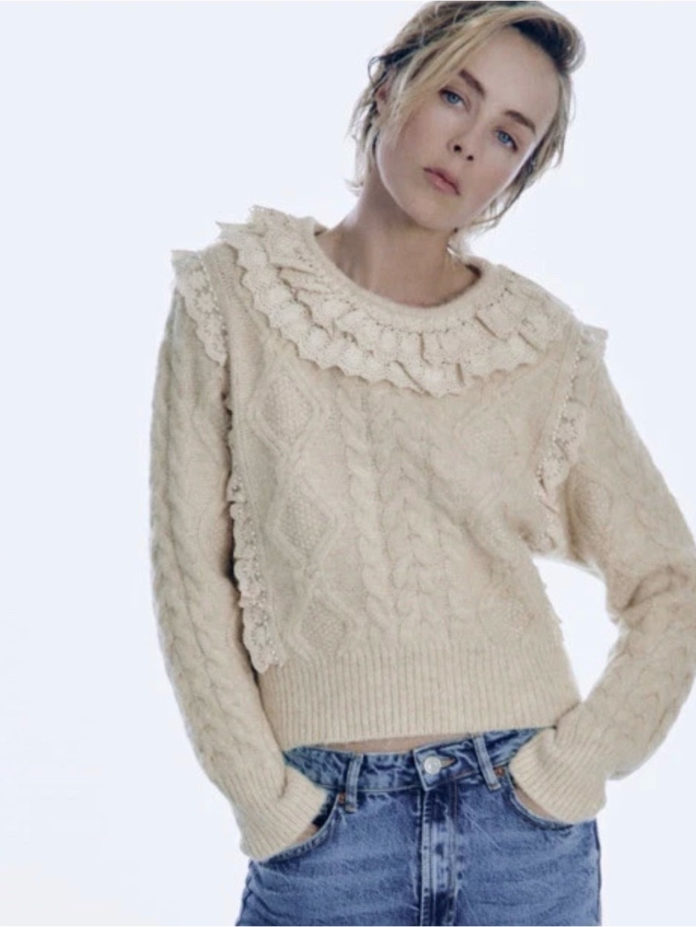 Zara Cream Cable-Knit Ruffle Collar Sweater